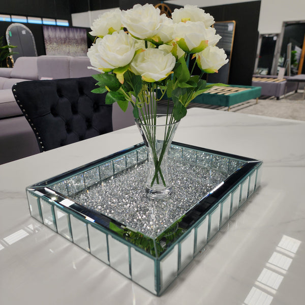 Styled square Vogue Diamond Tray with mirrored base and diamond embellishments, beautifully displayed with candle and floral accents.