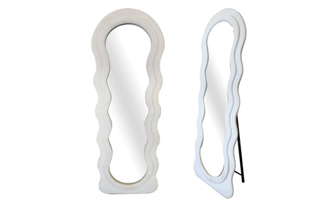 Cloud Wavy velvet mirror in cream, free standing or wall-mounted design with wavy frame.