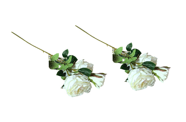 Set of two white artificial rose stems, each with three lifelike blooms and green foliage.
