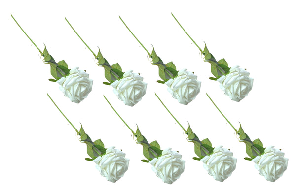  Set of eight white artificial rose stems with realistic petals and lush green leaves.