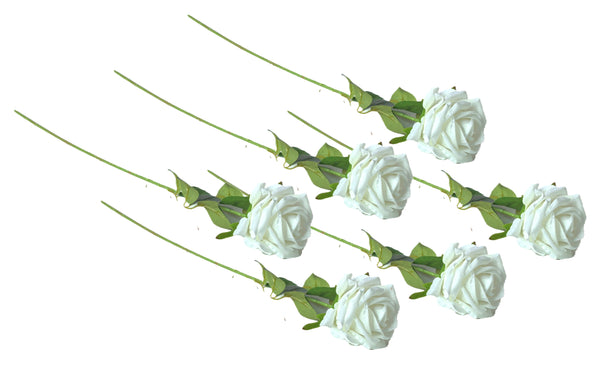Set of six white artificial rose stems with delicate petals and green foliage.