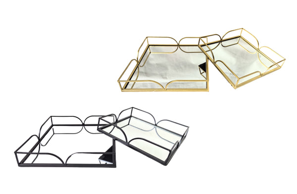 Chic Willow square tray set in gold and black with mirrored base, perfect for stylish serving.