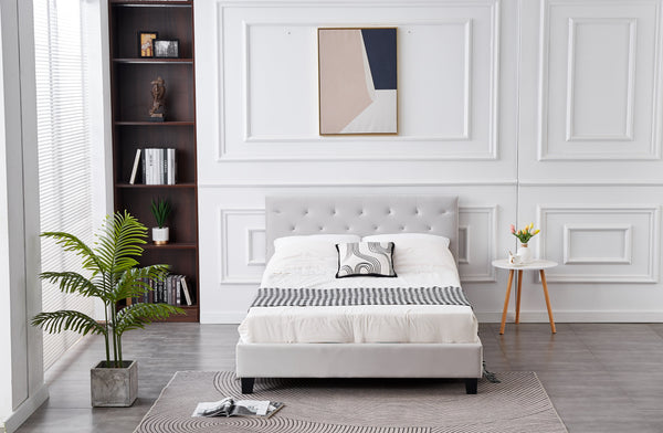 Front display of Winston Velvet Tufted Bed in light grey with plush velvet design.