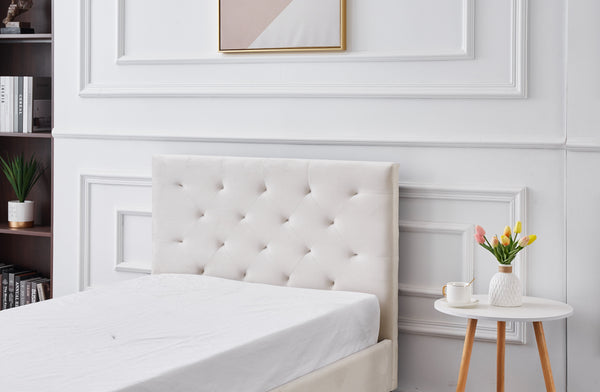 Close-up of Winston Velvet Bed headboard with tufted design in light grey velvet.