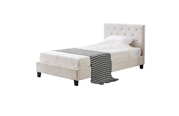 Winston Velvet Tufted Bed in beige and light grey fabric, versatile stylish bedroom choice.