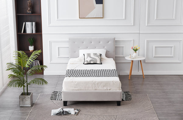 Front view of Winston Velvet Tufted Bed in light grey with elegant velvet finish.
