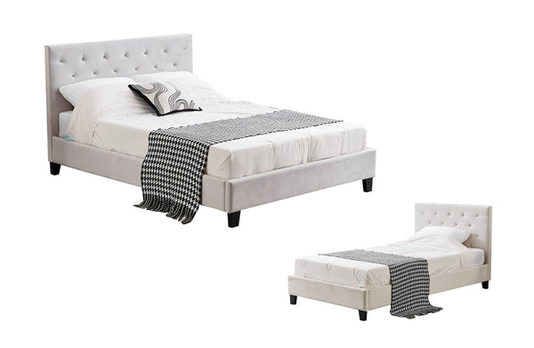 Stylish Winston Velvet Bed in light grey displayed in a modern bedroom setting.