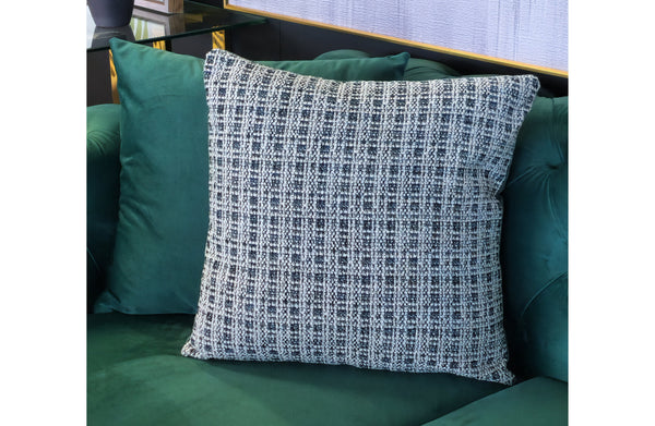 Woven Texture Designer Cushion styled on green sofa, modern accent with blue and grey woven design